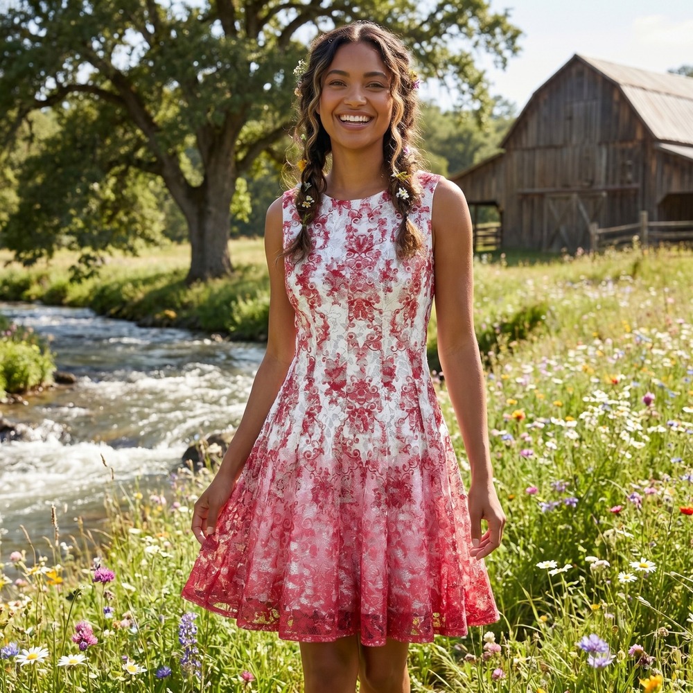 Danny and Nicole Lace Ombre Fit Flare‎ Dress Womens 16 Red White Cocktail Party